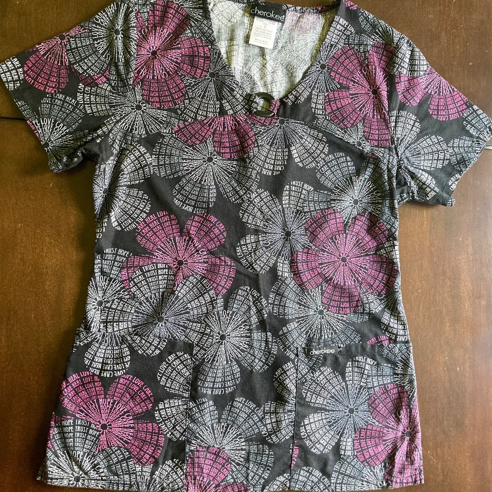 EUC Cherokee Black & Pink Floral Scrub Top Sz S